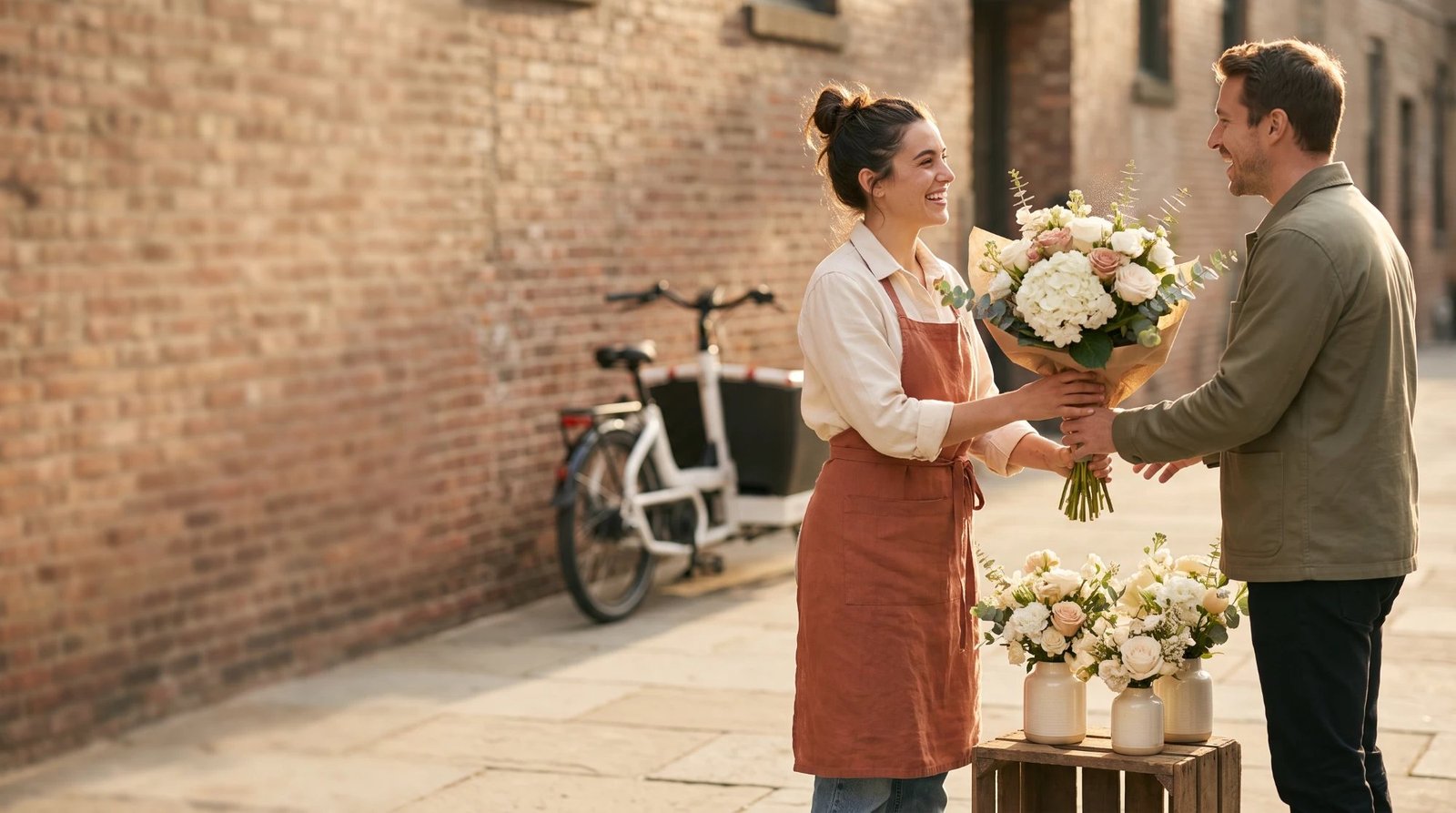 A smiling florist in a rust apron handing a bouquet of white hydrangeas and roses to a customer on a brick-lined street, with a cargo delivery bike behind her