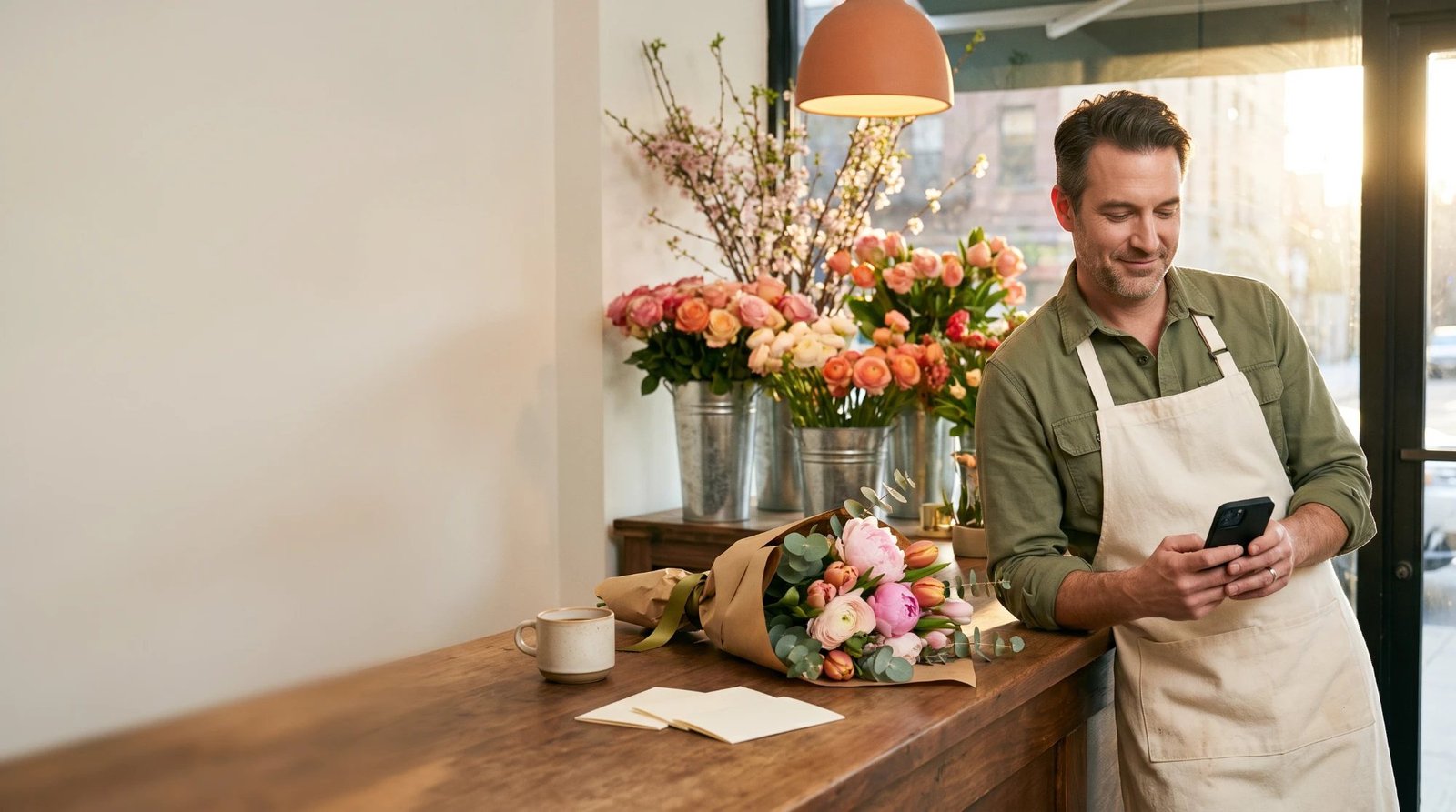 A smiling flower shop owner in an apron reading a message on his phone at the counter beside a wrapped bouquet of peonies and tulips, with buckets of roses behind him